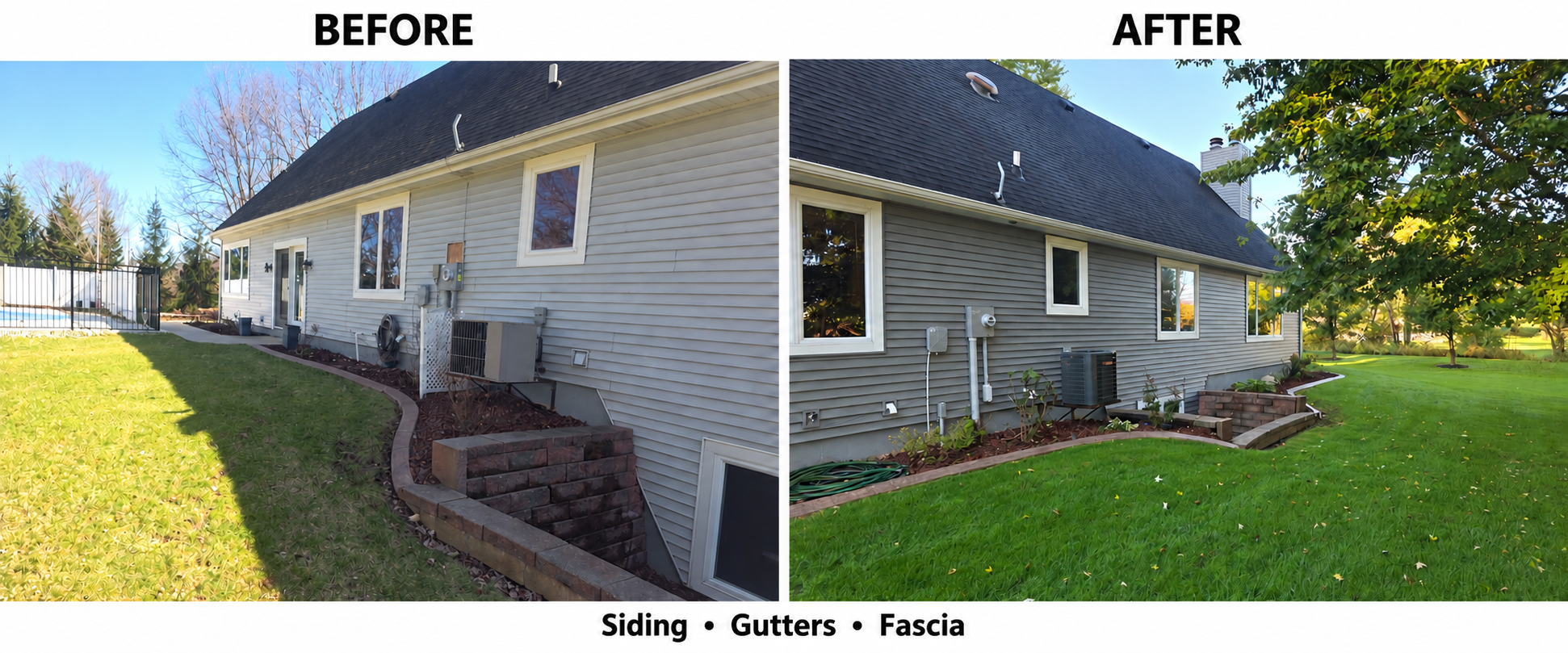 Before and after home exterior with new slate gray siding, white gutters and fascia, and a clean utility wall
