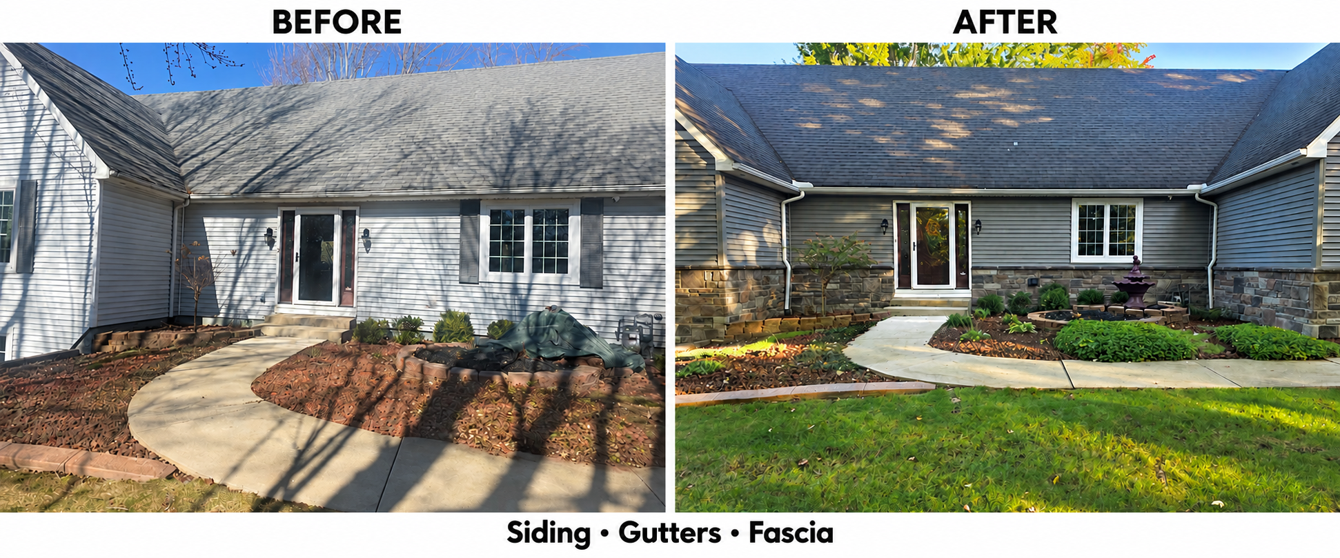 Before and after front entry remodel with new gray lap siding, stacked stone veneer base, and white window trim