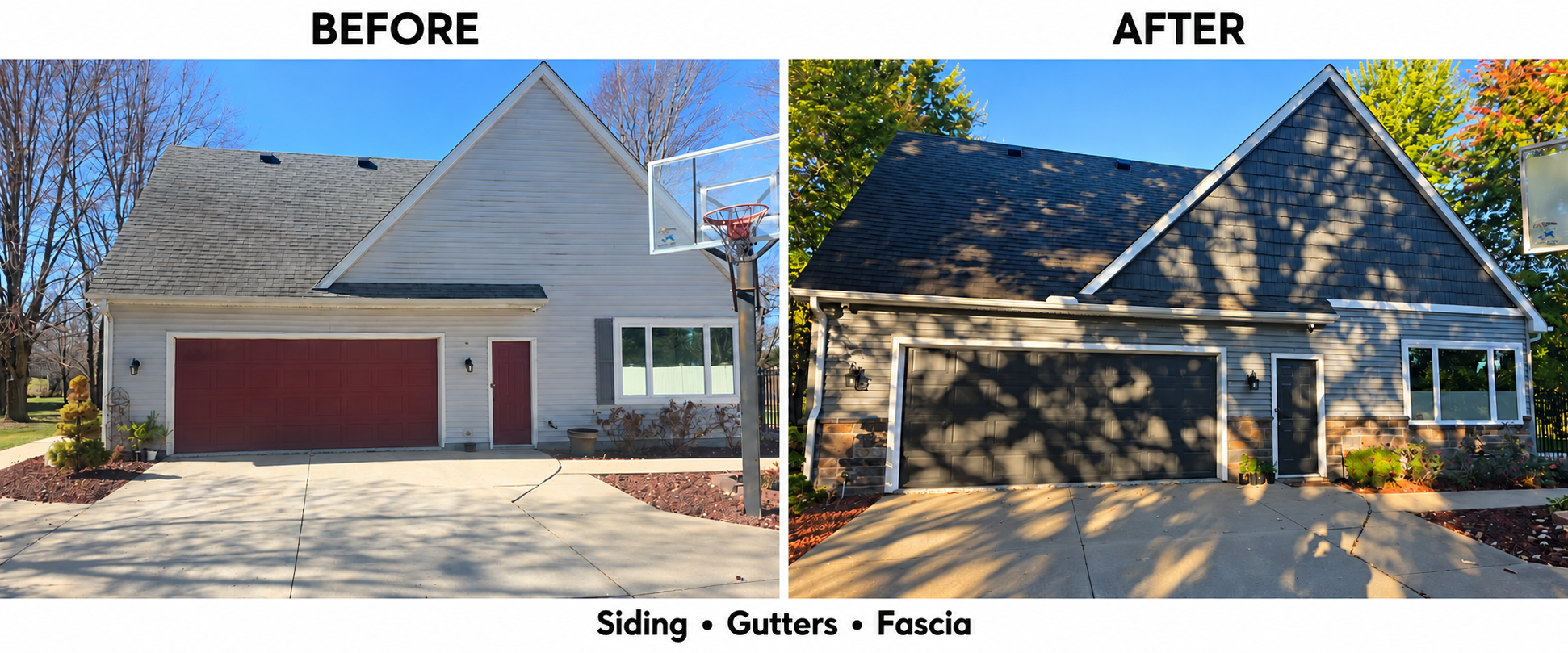 Before and after garage and front gable with gray lap siding, charcoal shake accent, stone veneer, and new doors